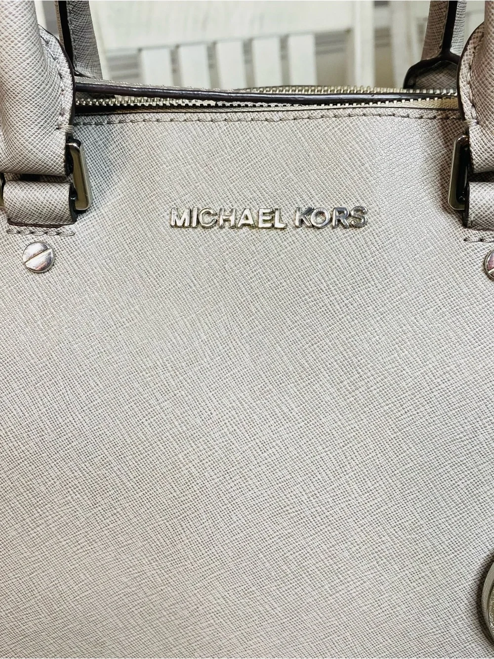 Michael Kors Sutton Medium Saffiano Leather Satchel Bag Gray Silver Hardware